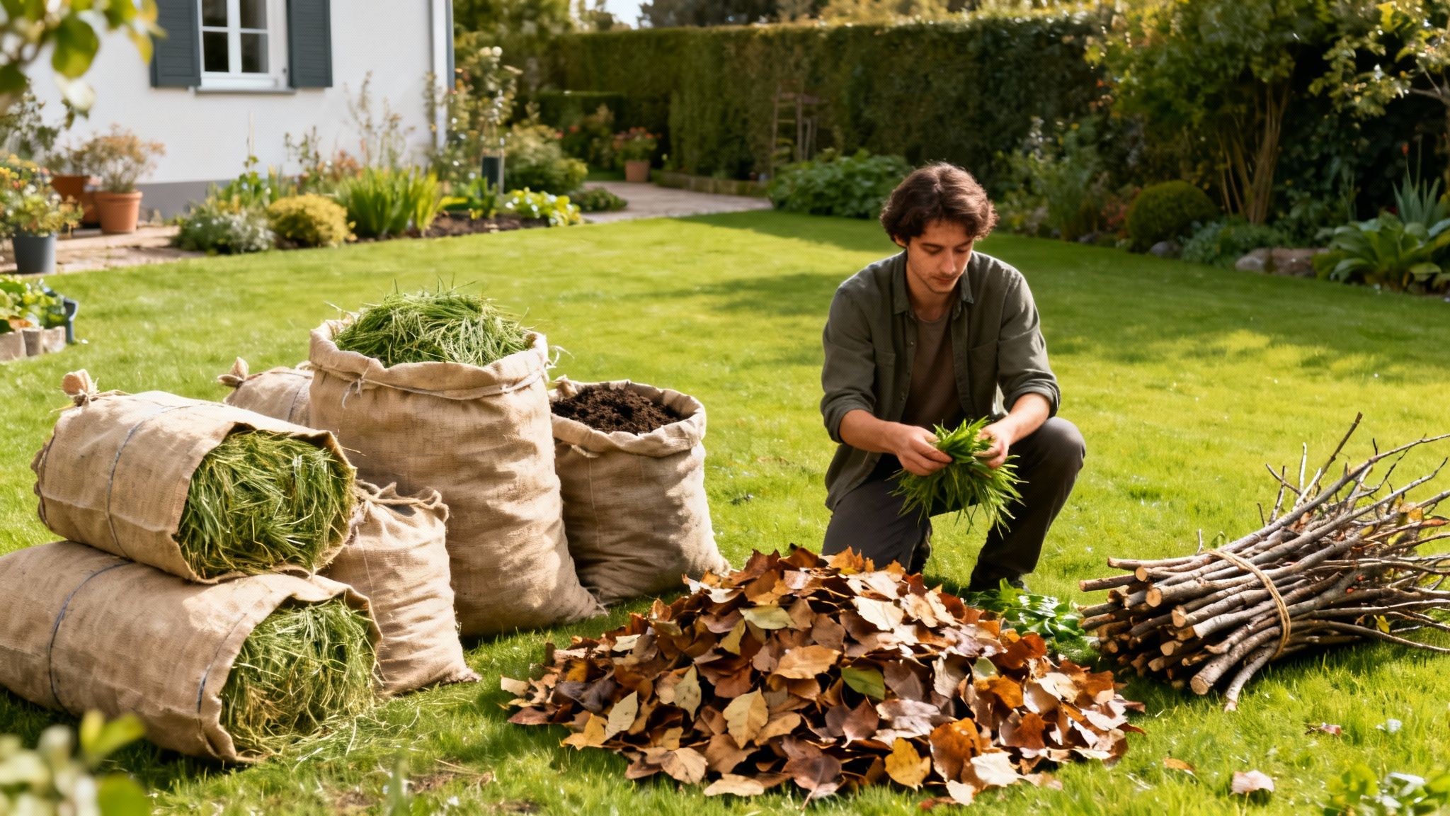 Ein Mann kniet im Garten, umgeben von Säcken mit Grünschnitt, Laub und Ästen, bereit zur Entsorgung.