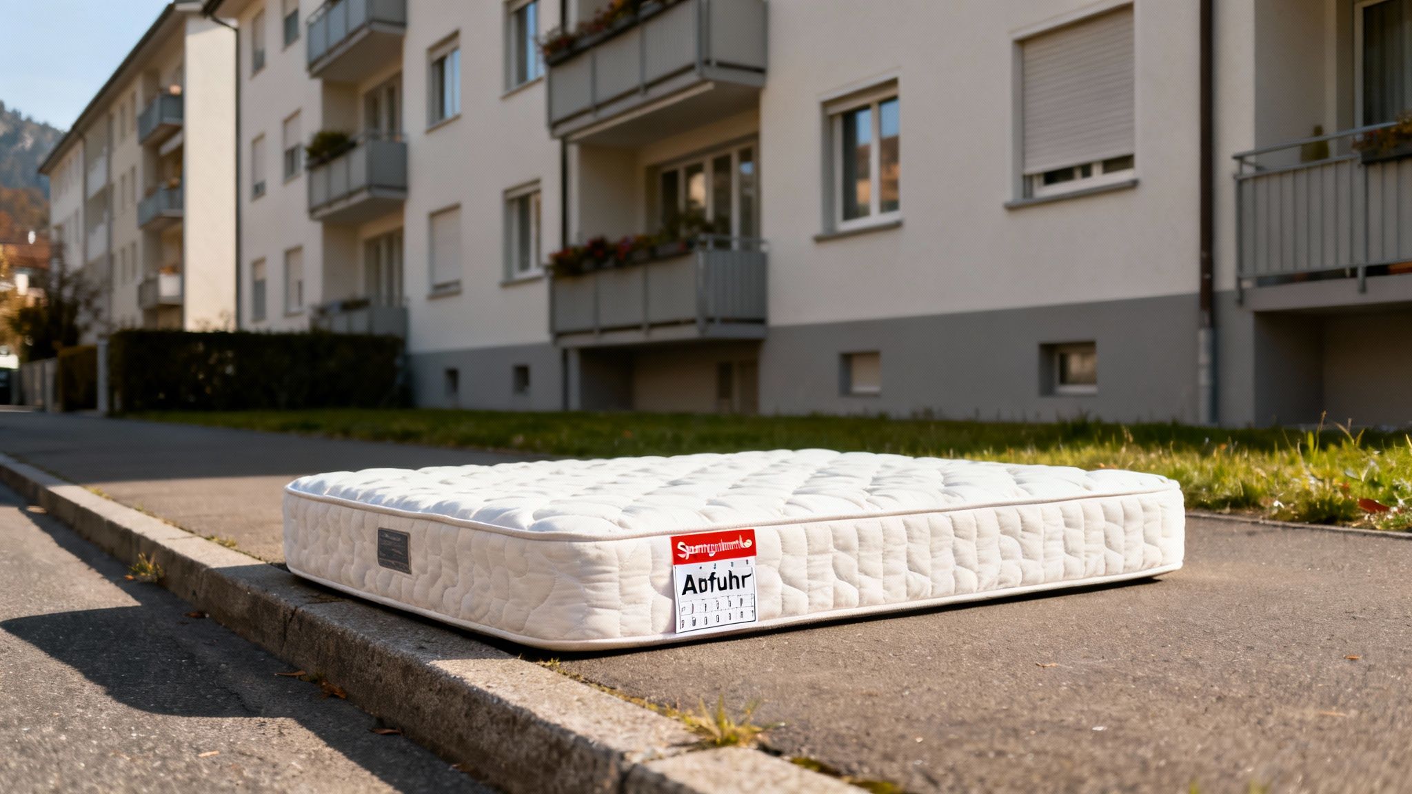 Eine alte weiße Matratze liegt am Straßenrand vor einem Wohngebäude zur Abholung bereit.
