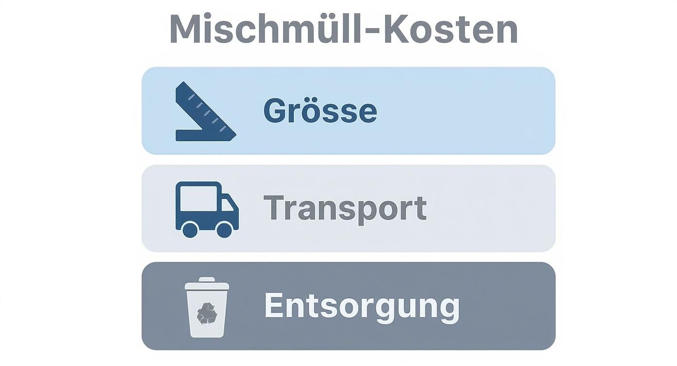 Infografik zeigt drei Kategorien von Mischmüll-Kosten: Größe, Transport und Entsorgung mit entsprechenden Icons
