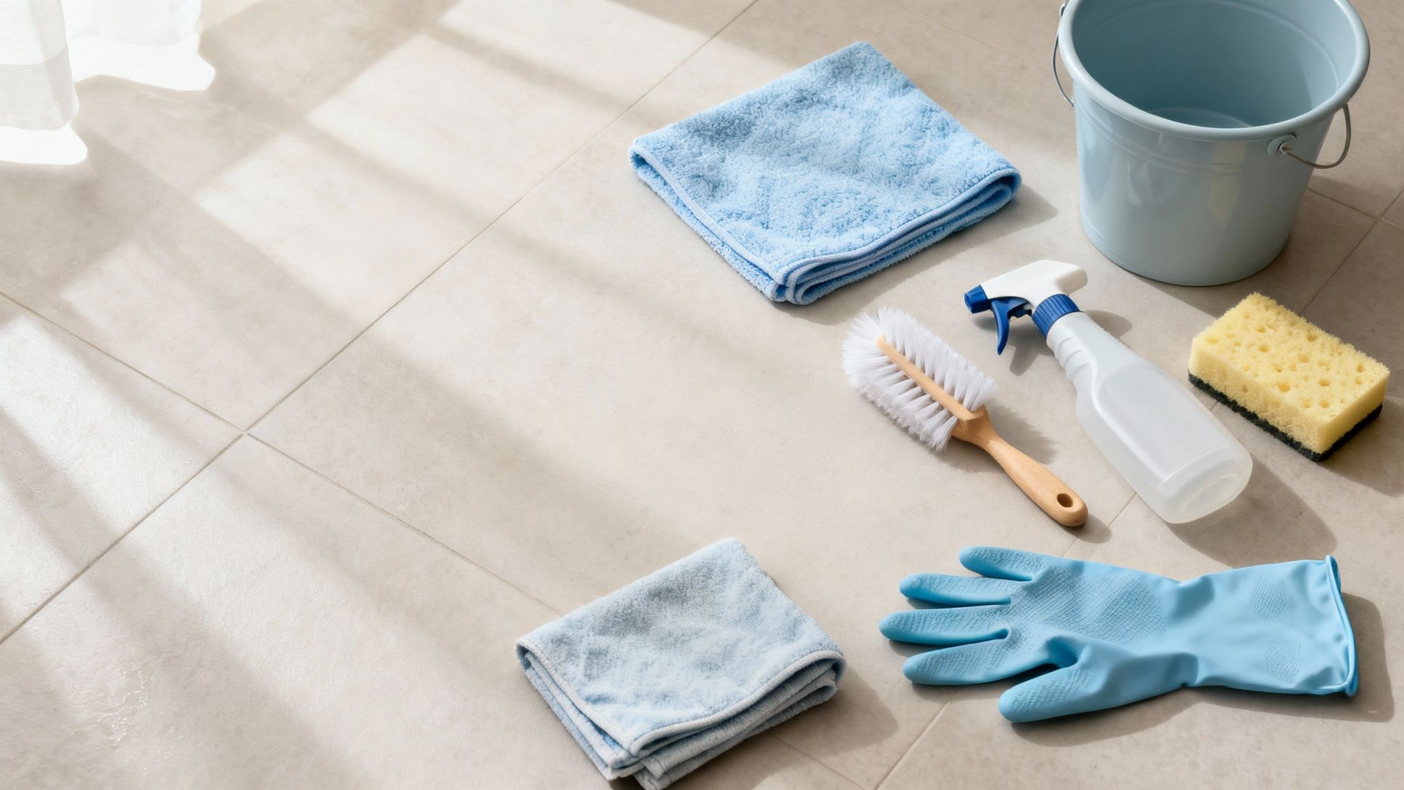 Verschiedene Reinigungsutensilien wie Eimer, Tücher, Bürste, Sprühflasche und Handschuhe auf hellem Fliesenboden im Sonnenlicht.