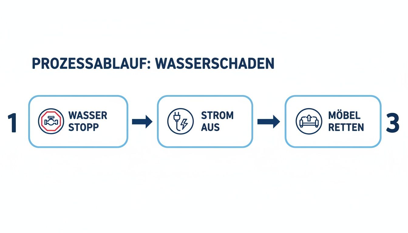 Flussdiagramm zum Prozessablauf bei Wasserschaden: Wasser stoppen, Strom ausschalten und Möbel retten.