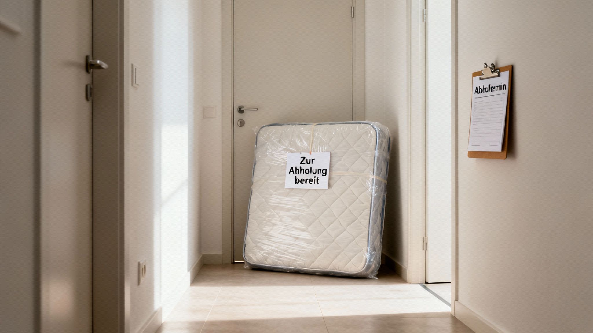 Eine in Folie verpackte Matratze mit dem Schild „Zur Abholung bereit“ steht in einem Flur, bereit zur Entsorgung.