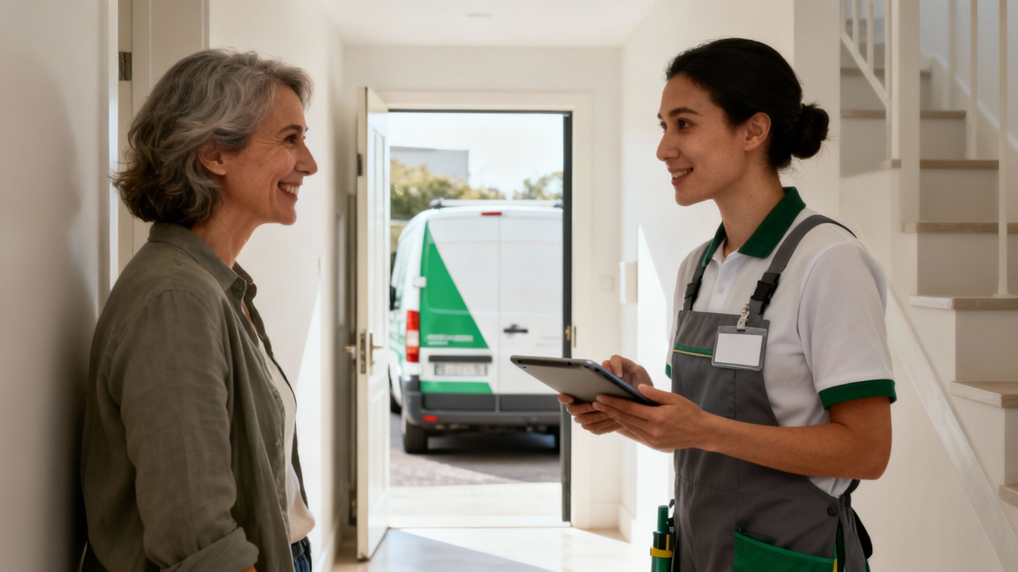 Lachende Zustellerin mit Tablet spricht mit Frau am Eingang, im Hintergrund ein Lieferwagen.