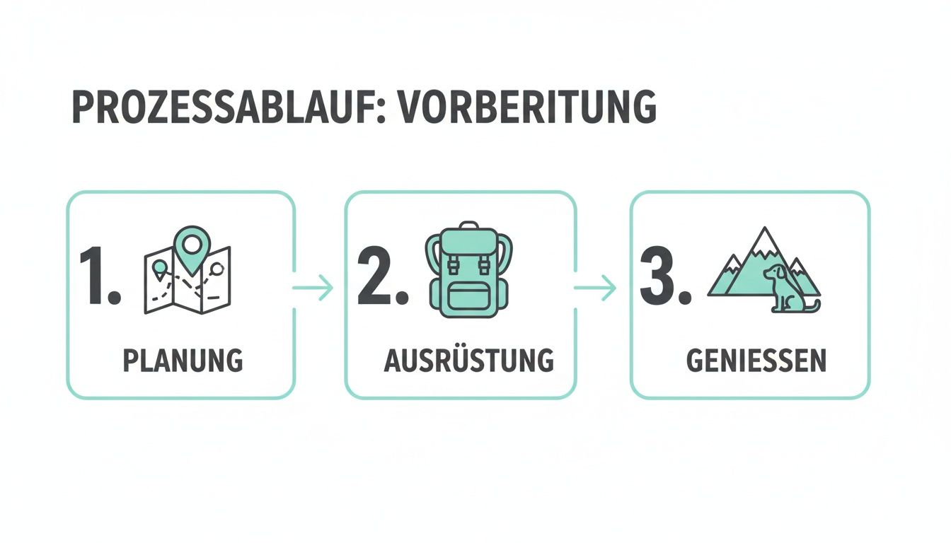 Der Prozessablauf zur Vorbereitung auf das Wandern mit Hund: Planung, Ausrüstung und Genießen der Natur.
