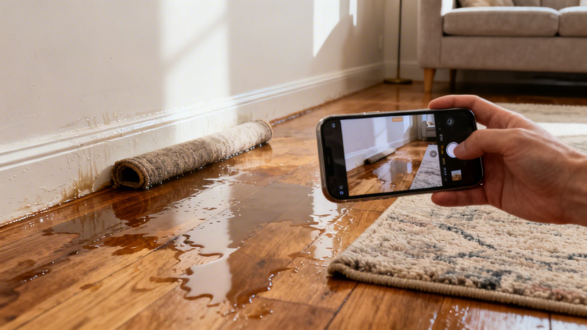 Eine Person fotografiert mit einem Smartphone einen Wasserschaden auf einem Holzboden und an der Wand. Ein aufgerollter Teppich liegt daneben.