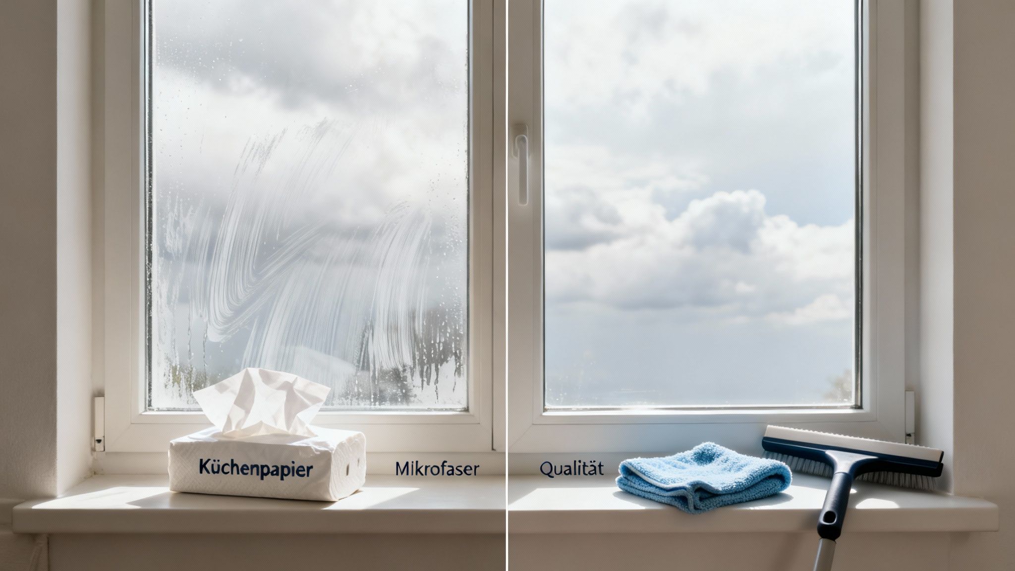 Fensterputz Vergleich: Schmutziges Fenster mit Küchenpapier und sauberes Fenster mit Mikrofasertuch und Abzieher.