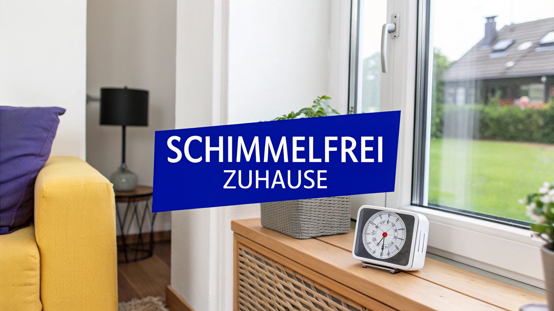 Eine saubere, helle Wohnzimmerecke, die gute Luftzirkulation und ein schimmelfreies Umfeld symbolisiert.