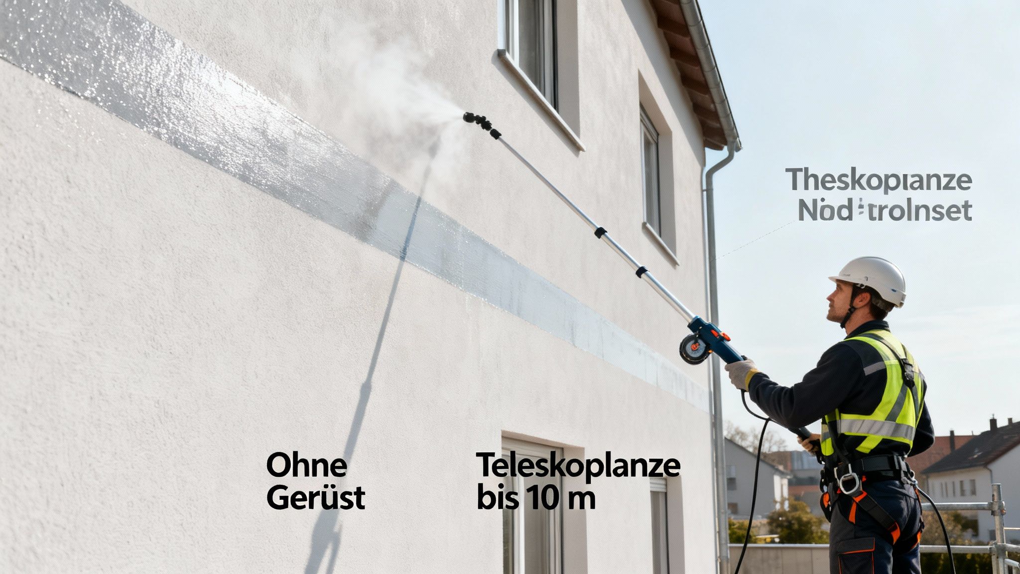 Mann reinigt Hausfassade mit einer Teleskoplanze und hinterlässt eine saubere Spur, ohne Gerüst.