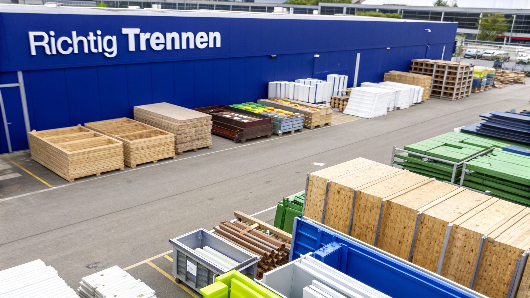 Ein sauber getrennter Haufen aus Holz, Metall und anderen Materialien, bereit für das Recycling