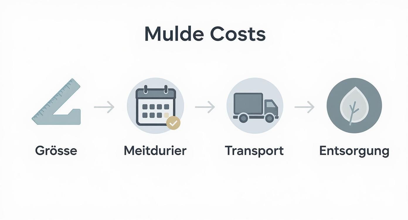 Infografik zeigt Mulde Kosten: Größe bestimmen, Mietdauer planen, Transport organisieren, fachgerechte Entsorgung sicherstellen