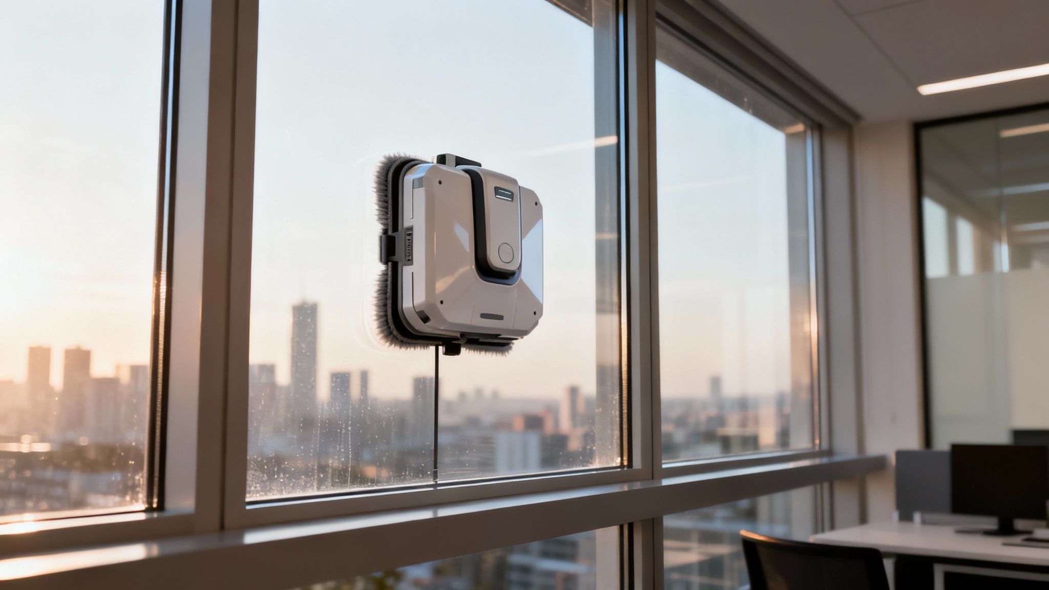 Ein Fensterputzroboter reinigt ein großes Fenster in einem modernen Büro mit Stadtblick bei Sonnenuntergang.