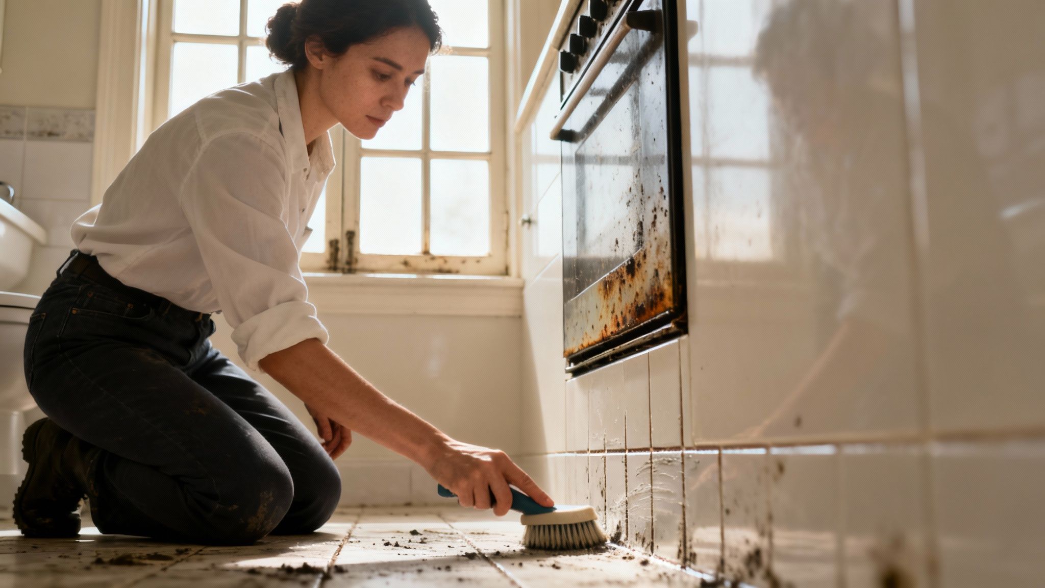 Frau kniet und schrubbt Schmutz von Küchenboden und Fliesen mit einer Bürste, alte, rostige Küche nach Überschwemmung.