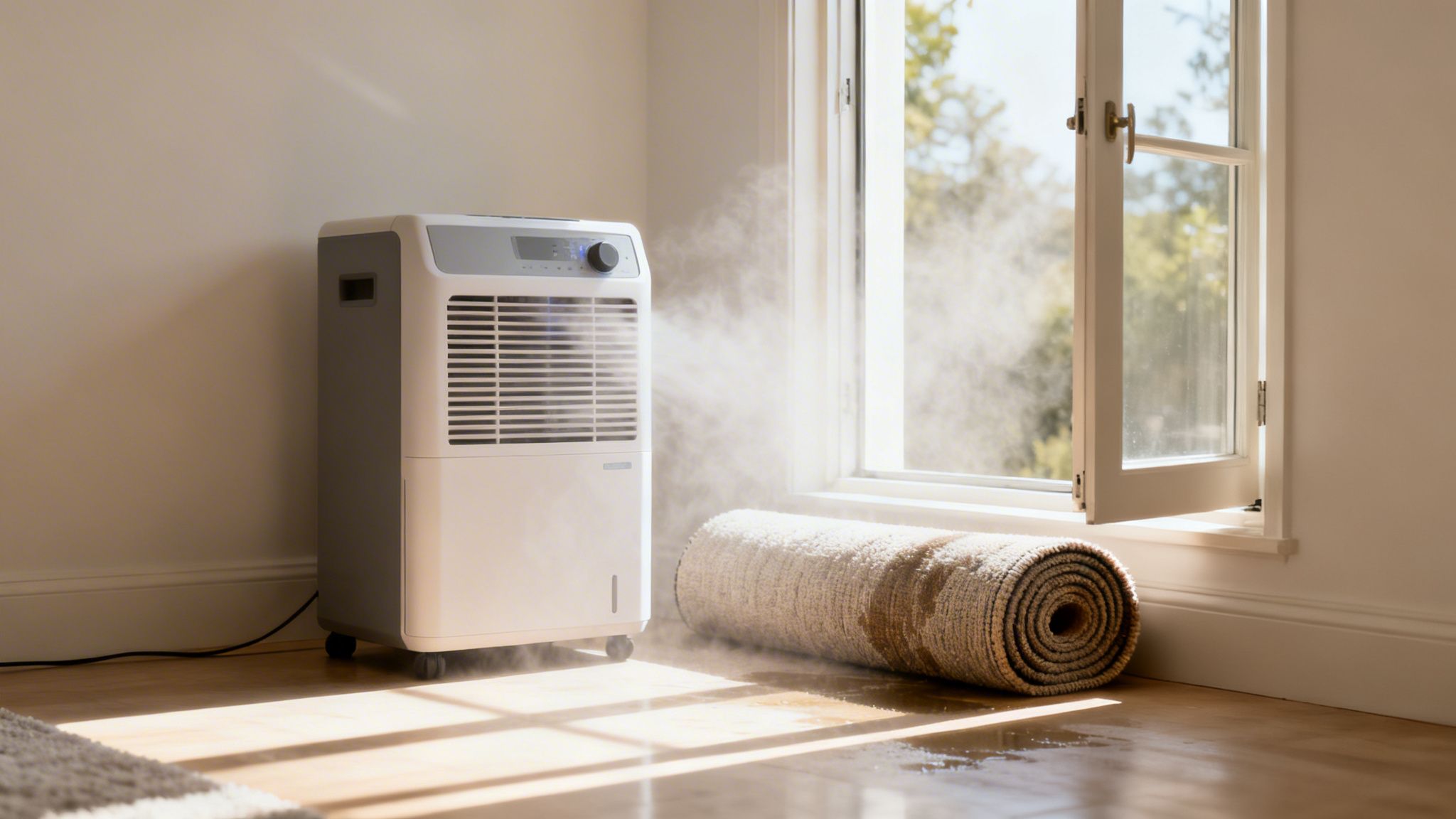 Ein Luftentfeuchter läuft in einem Raum mit einem nassen Teppich und geöffnetem Fenster, um Wasserschäden zu beheben.