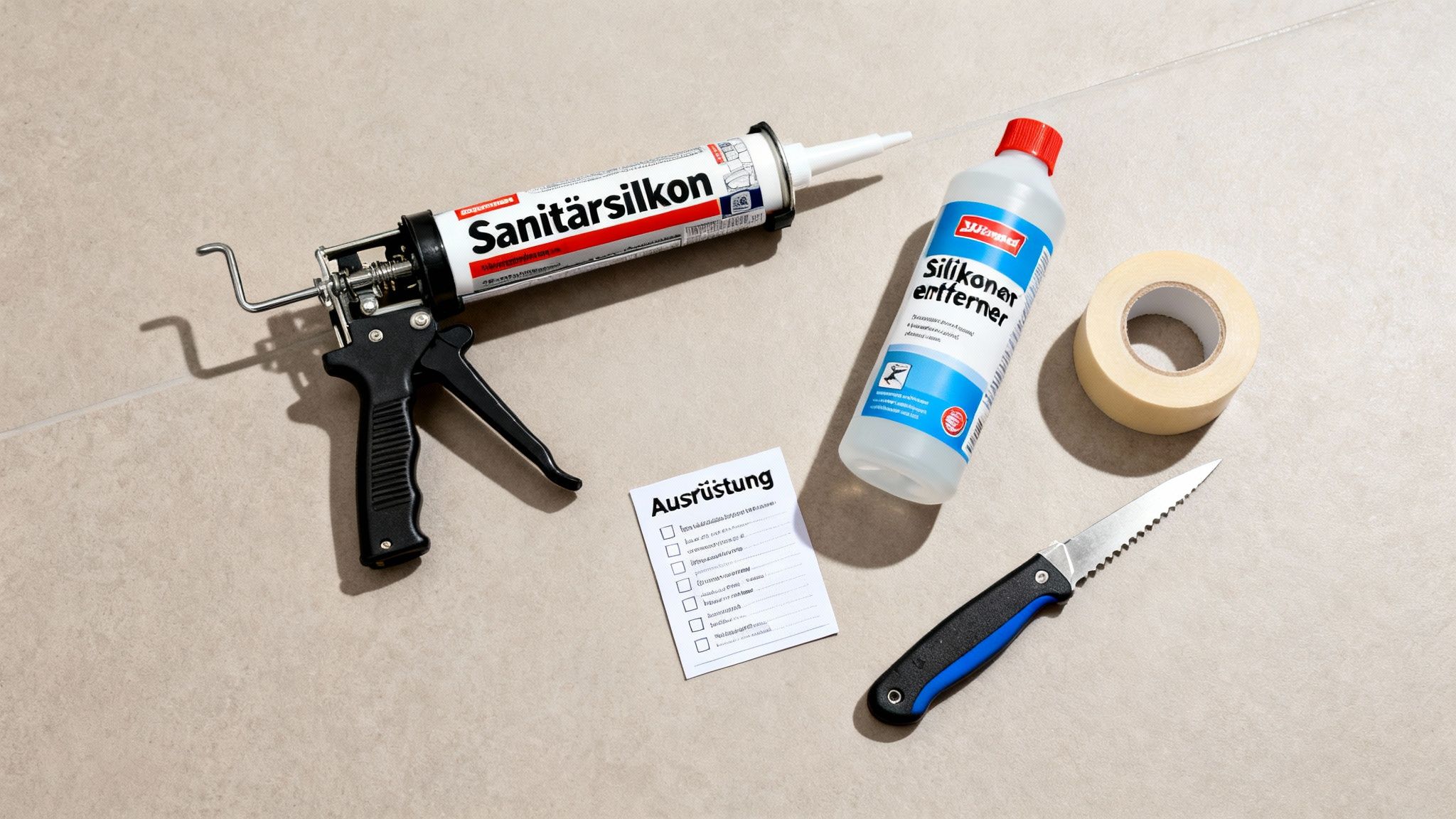 Werkzeuge und Materialien zum Erneuern von Silikonfugen, inklusive Silikonpistole, Reiniger, Band und Messer.