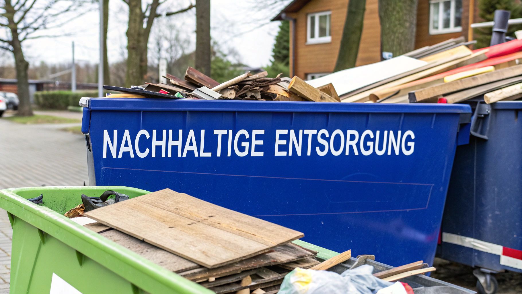 Ein Mitarbeiter in Arbeitskleidung trennt sorgfältig verschiedene Materialien wie Holz, Metall und Karton in separate Container auf einem Recyclinghof.