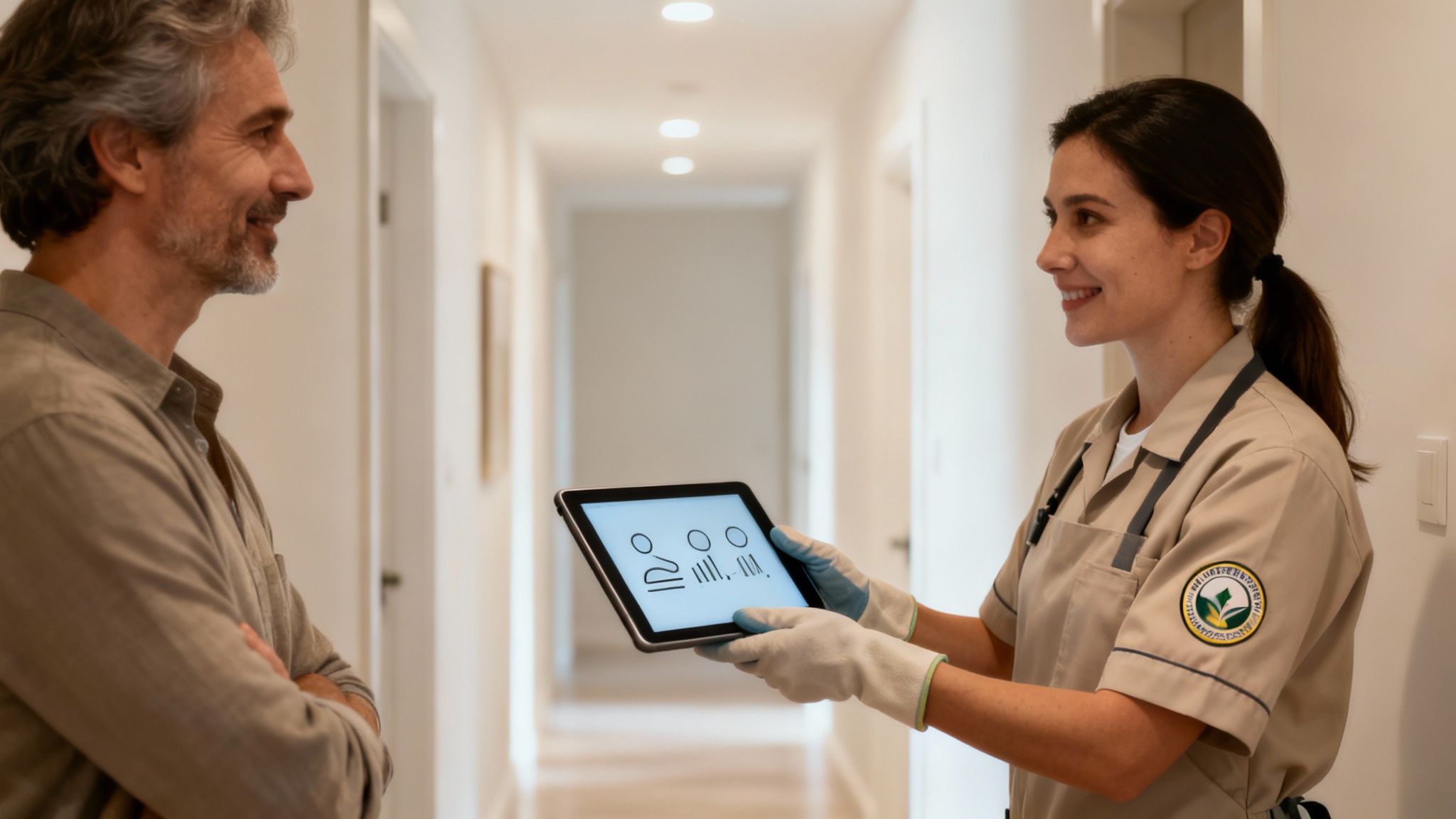 Eine lächelnde Reinigungsfachkraft in Uniform zeigt einem Mann auf einem Tablet Informationen.