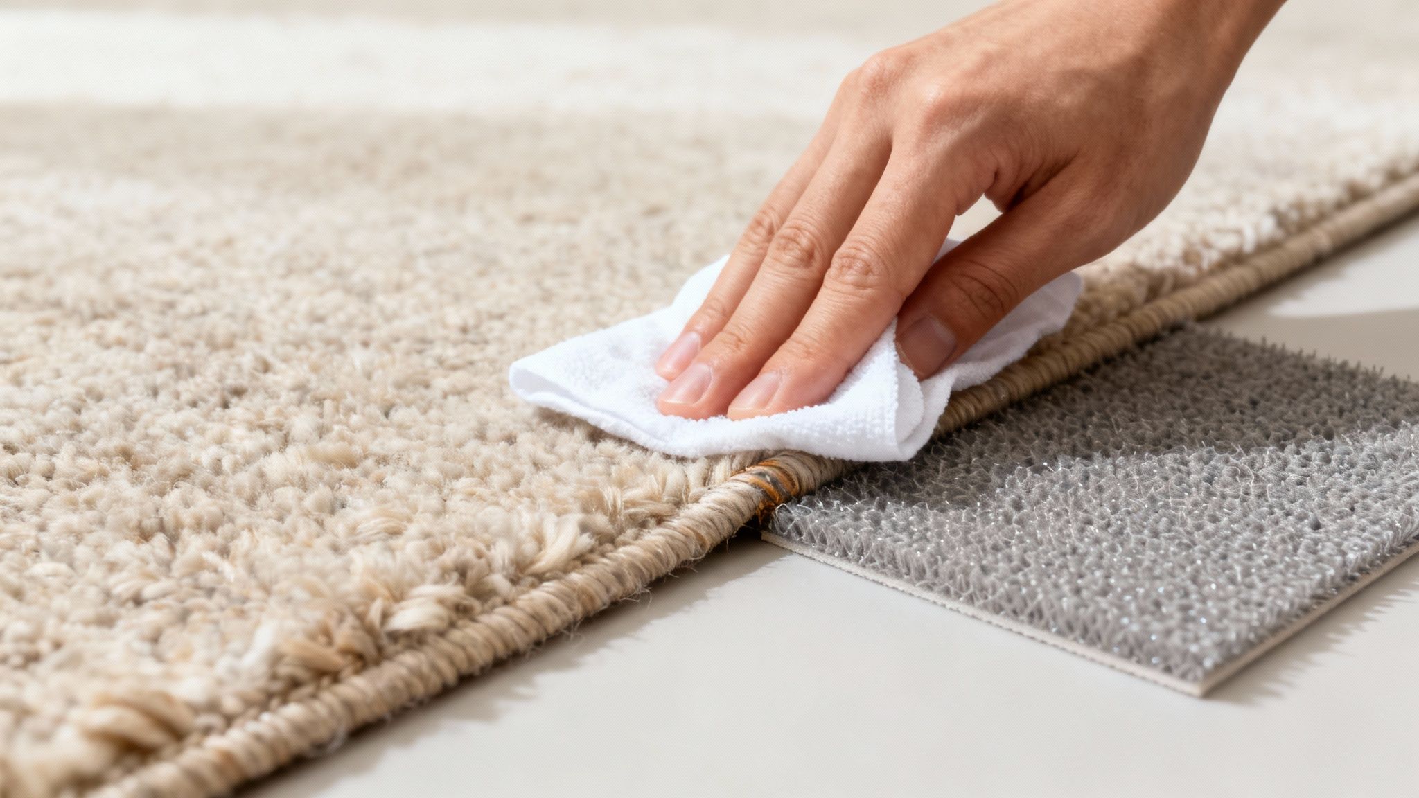 Eine Hand reinigt einen beigefarbenen Teppich mit einem weißen Tuch, daneben liegt ein graues Teppichmuster.