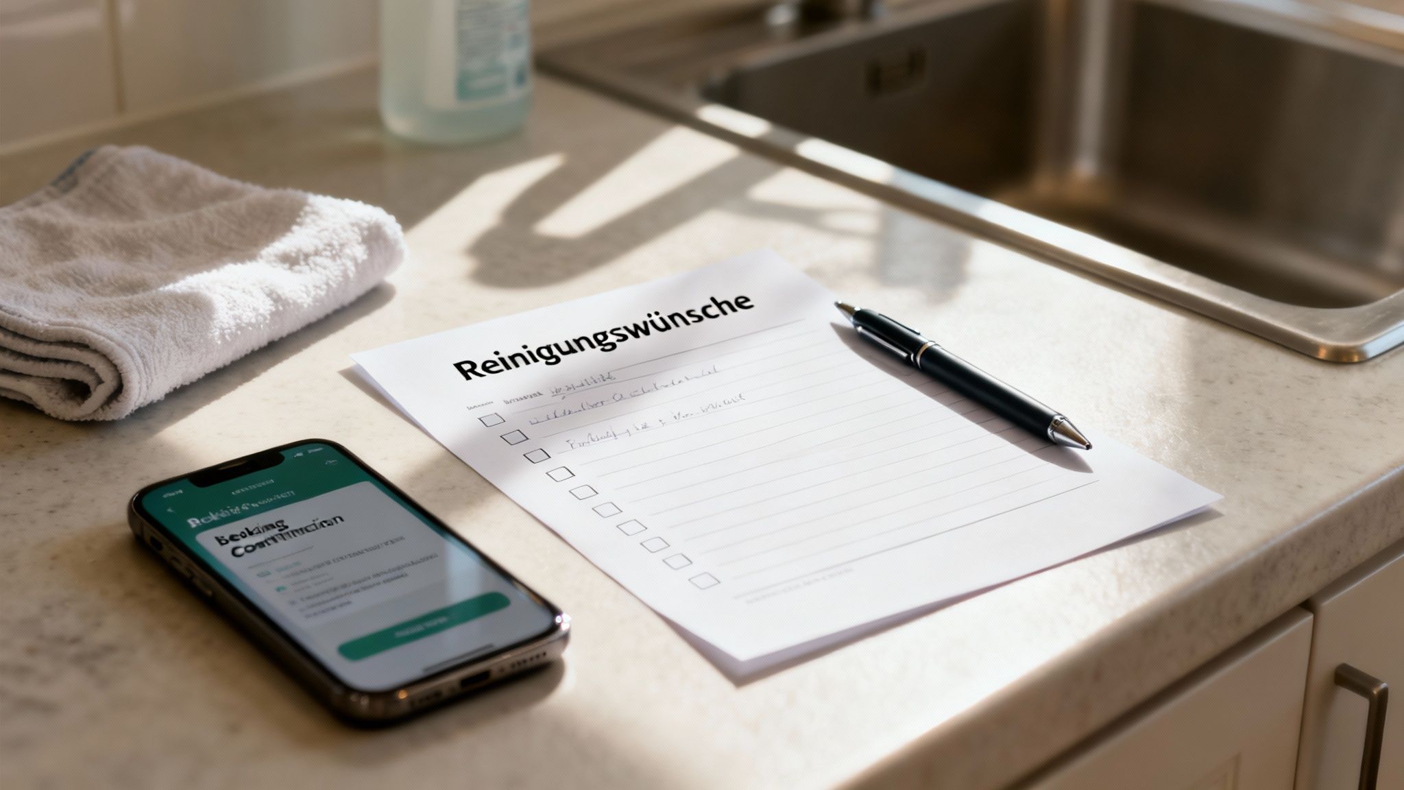 Auf einer Küchenarbeitsplatte liegen ein Zettel mit Reinigunswünschen, ein Stift, ein Handtuch und ein Smartphone.
