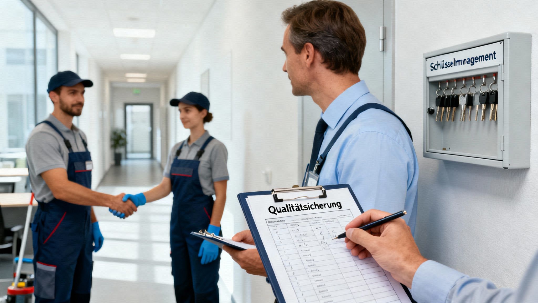 Reinigungspersonal schüttelt Hände, während ein Manager die Qualitätssicherung und das Schlüsselmanagement prüft.