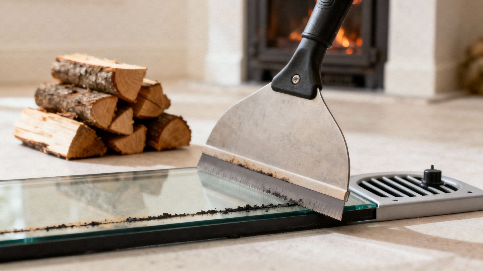 Reinigung des Kaminscheibenglases mit einem Schaber. Brennholz und brennendes Feuer im Hintergrund.