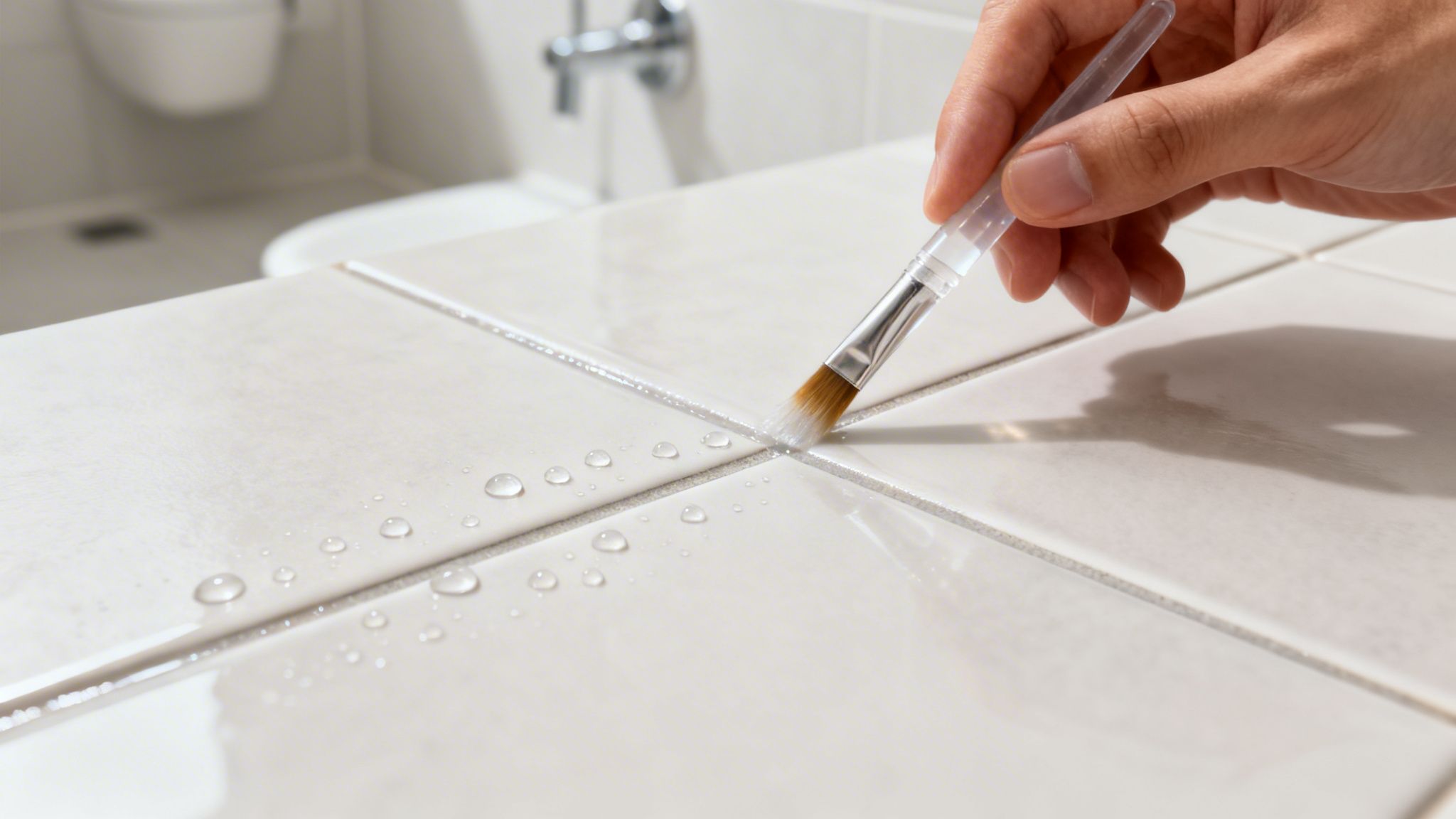 Eine Hand bürstet Fugen zwischen weißen Fliesen, mit Wassertropfen auf der Oberfläche.