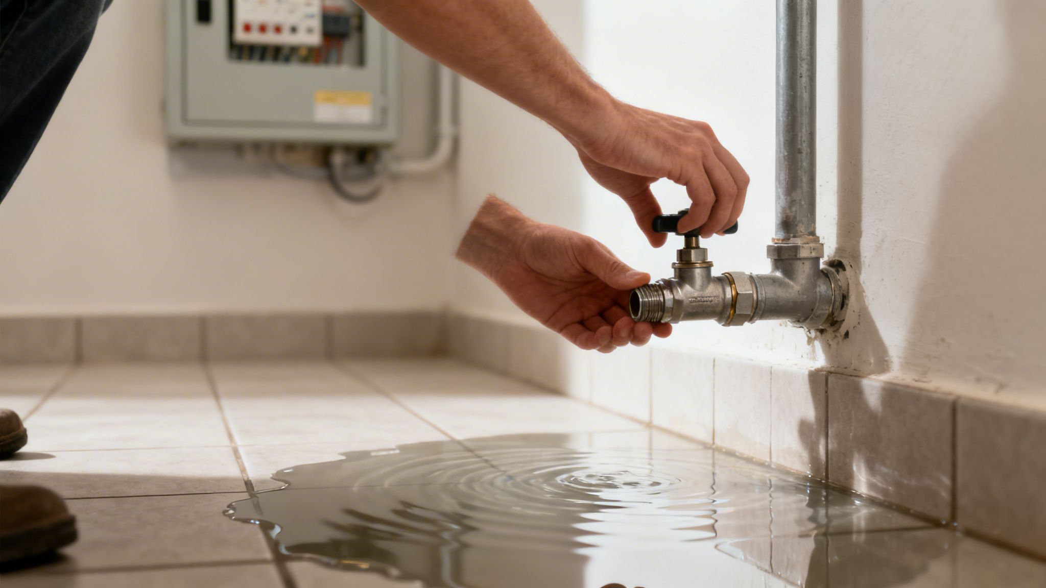 Ein Handwerker schließt ein Ventil, um einen Wasserschaden auf dem gefliesten Boden zu stoppen.