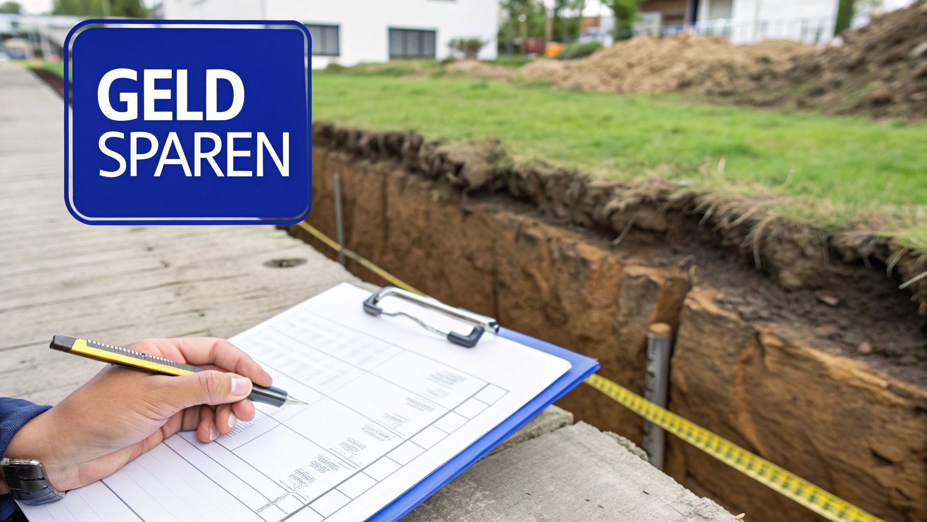 Baustelle mit Geld sparen Schild, Zwischenablage und Maßband zur Kostenkalkulation von Bauarbeiten