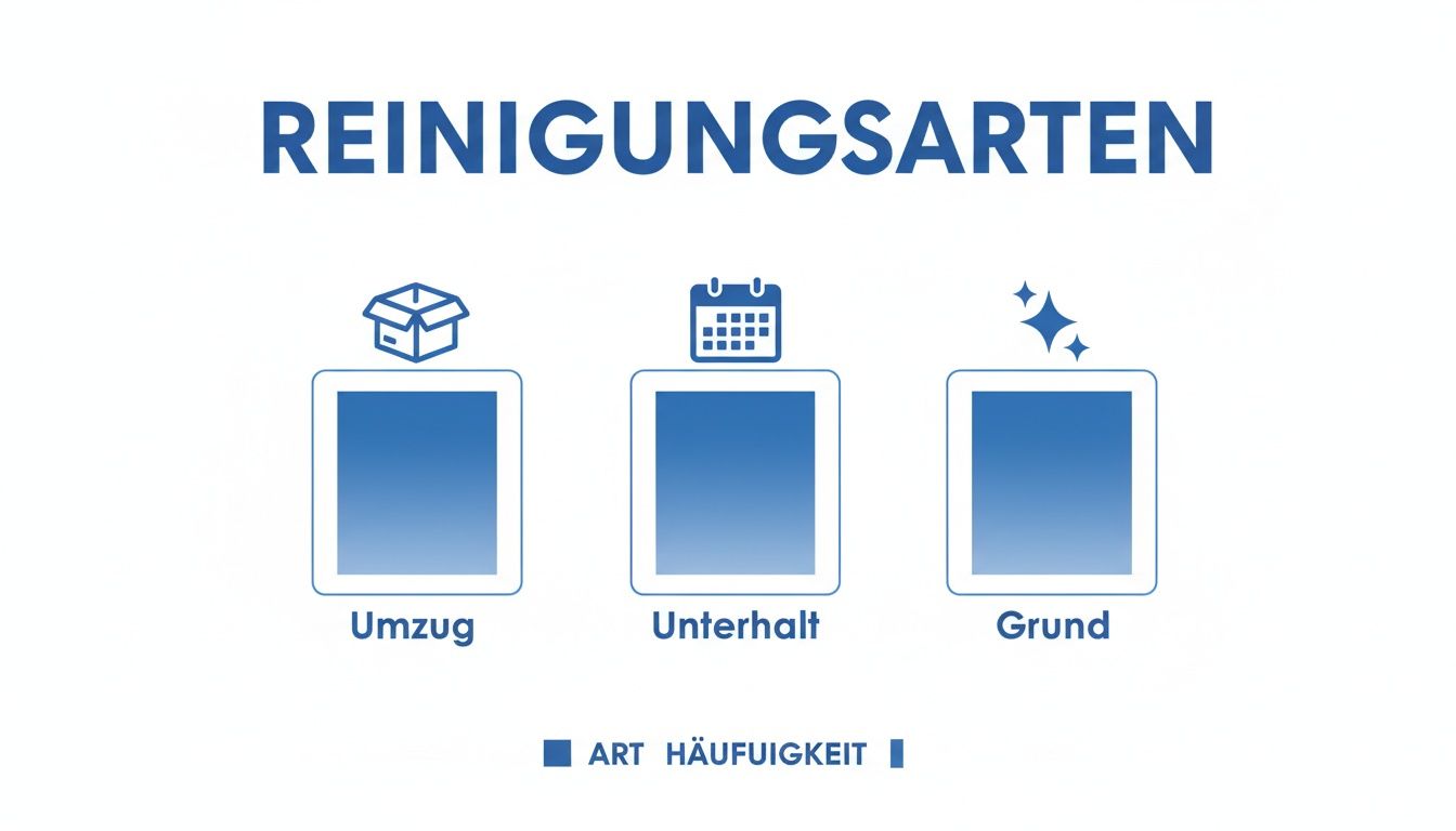 Infografik mit drei Reinigungsarten: Umzug, Unterhalt und Grundreinigung, jeweils mit passendem Symbol.