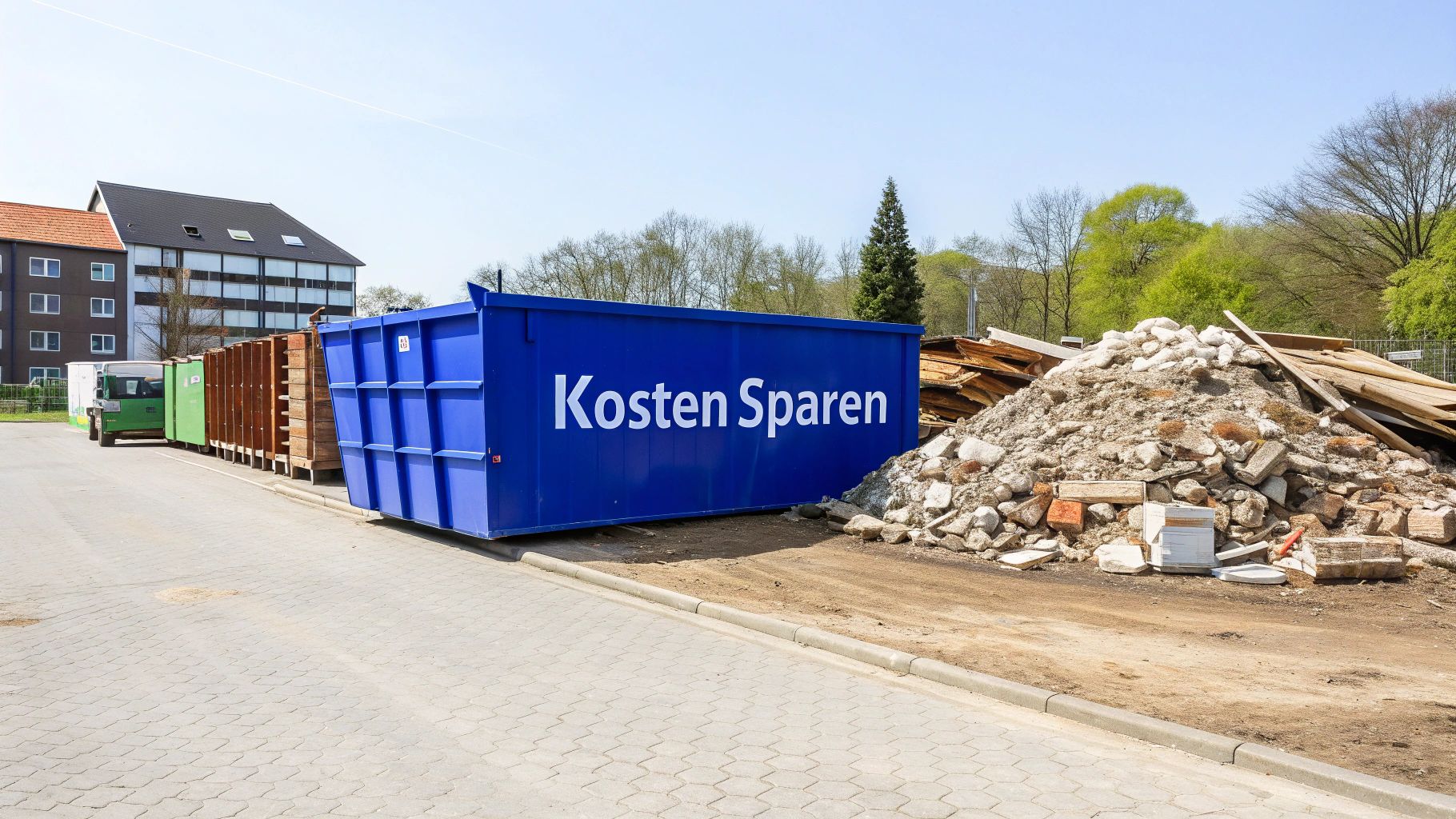 Blauer Container mit Aufschrift 'Kosten Sparen' auf Baustelle neben Mischmüll und Bauschutt