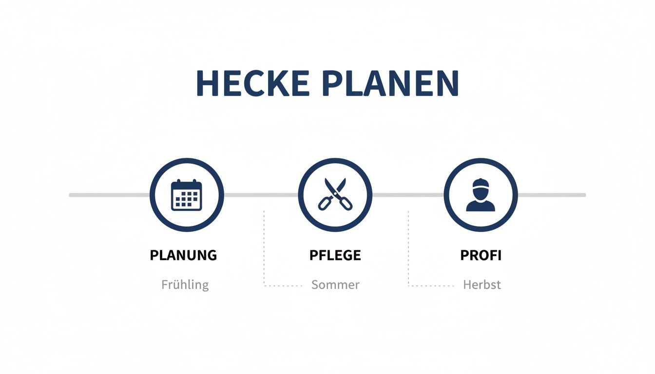 Timeline zur Heckenpflege: Planung im Frühling, Pflege im Sommer und Profi-Hilfe im Herbst.