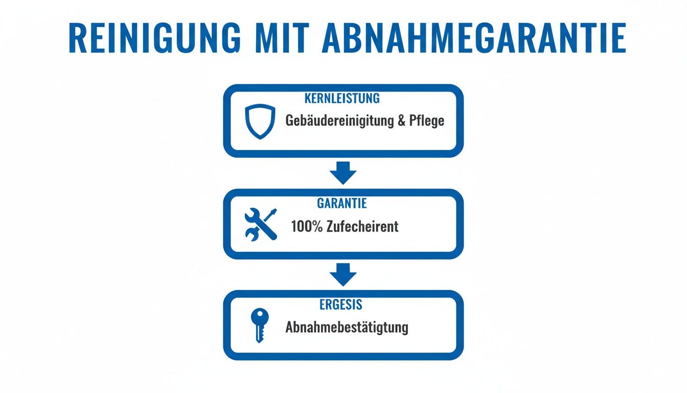Flussdiagramm zur Gebäudereinigung mit Abnahmegarantie, zeigt Kernleistung, 100% Zufriedenheitsgarantie und Abnahmebestätigung.
