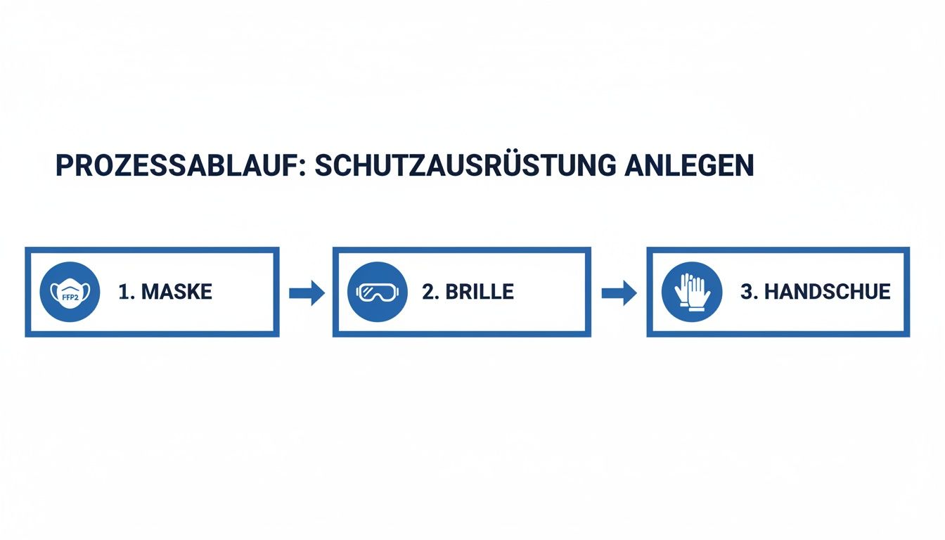 Ablauf zum Anlegen von Schutzausrüstung: Zuerst Maske (FFP2), dann Schutzbrille, zuletzt Handschuhe.