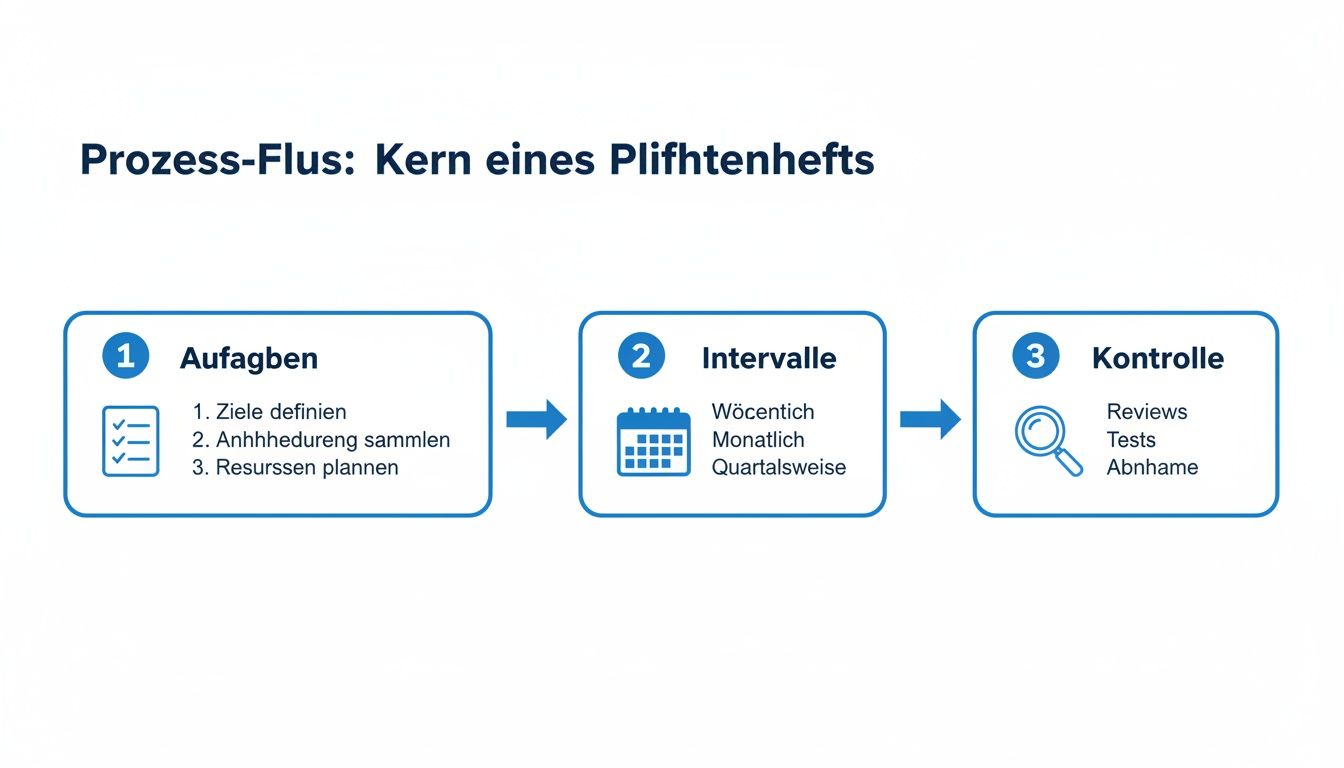 Ein Prozessablaufdiagramm zeigt die Kernschritte eines Pflichtenhefts: Aufgaben, Intervalle und Kontrolle.