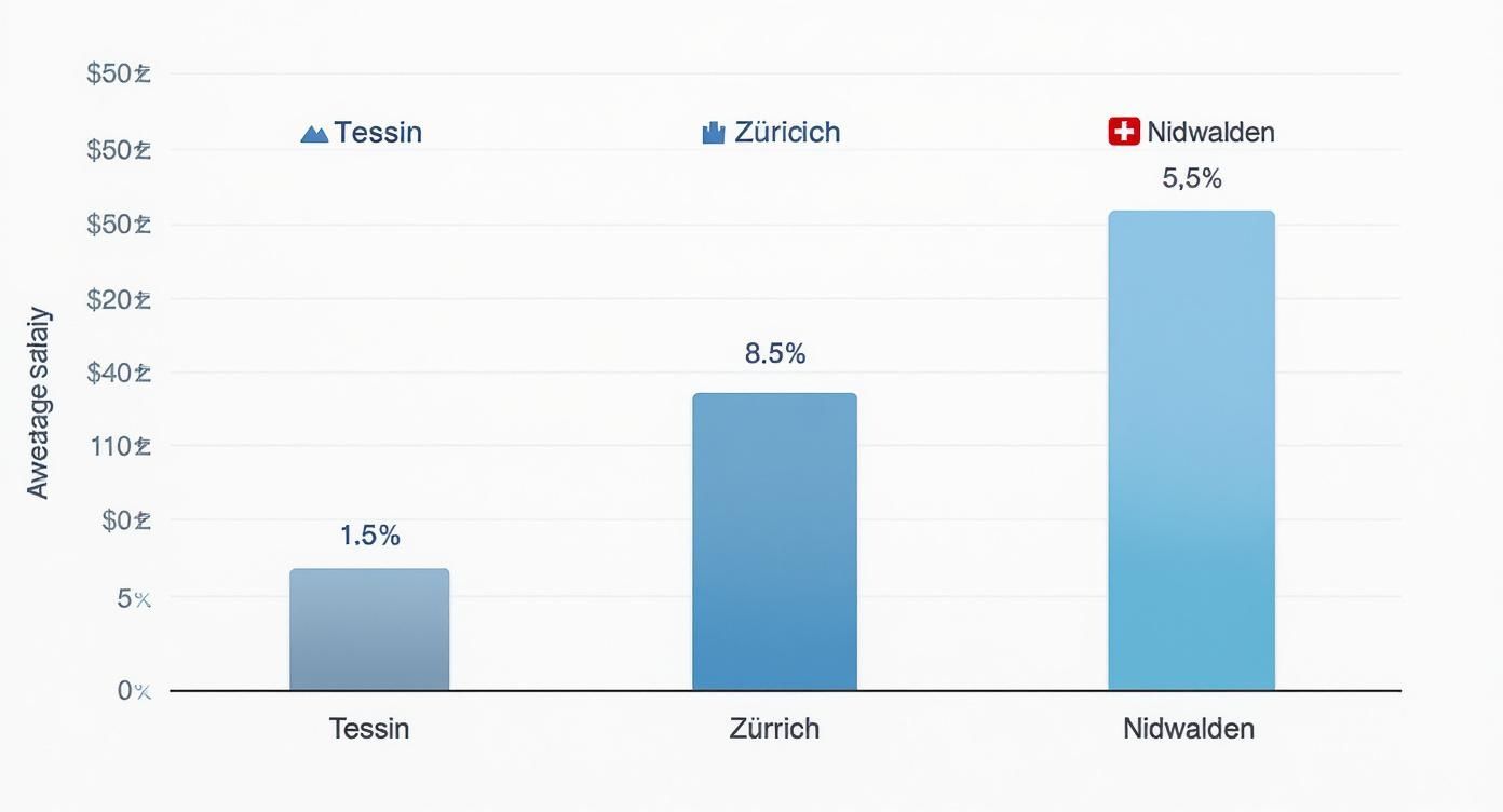 Balkendiagramm: Durchschnittliches Gehalt in Tessin (1,5%), Zürich (8,5%) und Nidwalden (5,5%) dargestellt.
