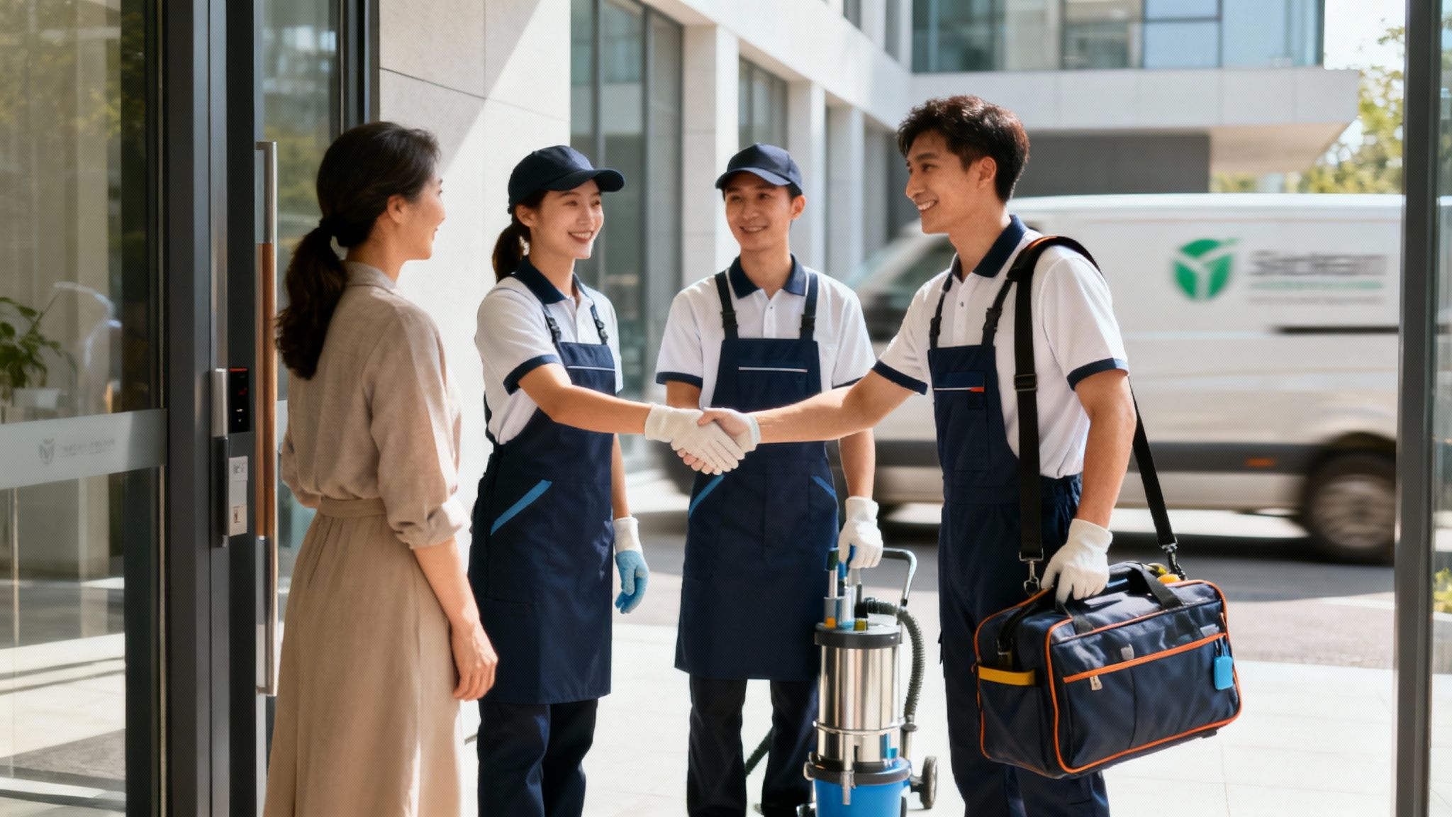 Kunde begrüßt Reinigungsteam vor einem Gebäude, Mitarbeiter schütteln Hände, mit Reinigungsgeräten und Van.