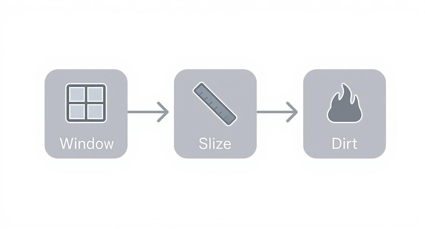 Infografik, die den Prozess der Kostenkalkulation für die Fensterreinigung visualisiert, mit Icons für Fenster, Grösse und Zustand.