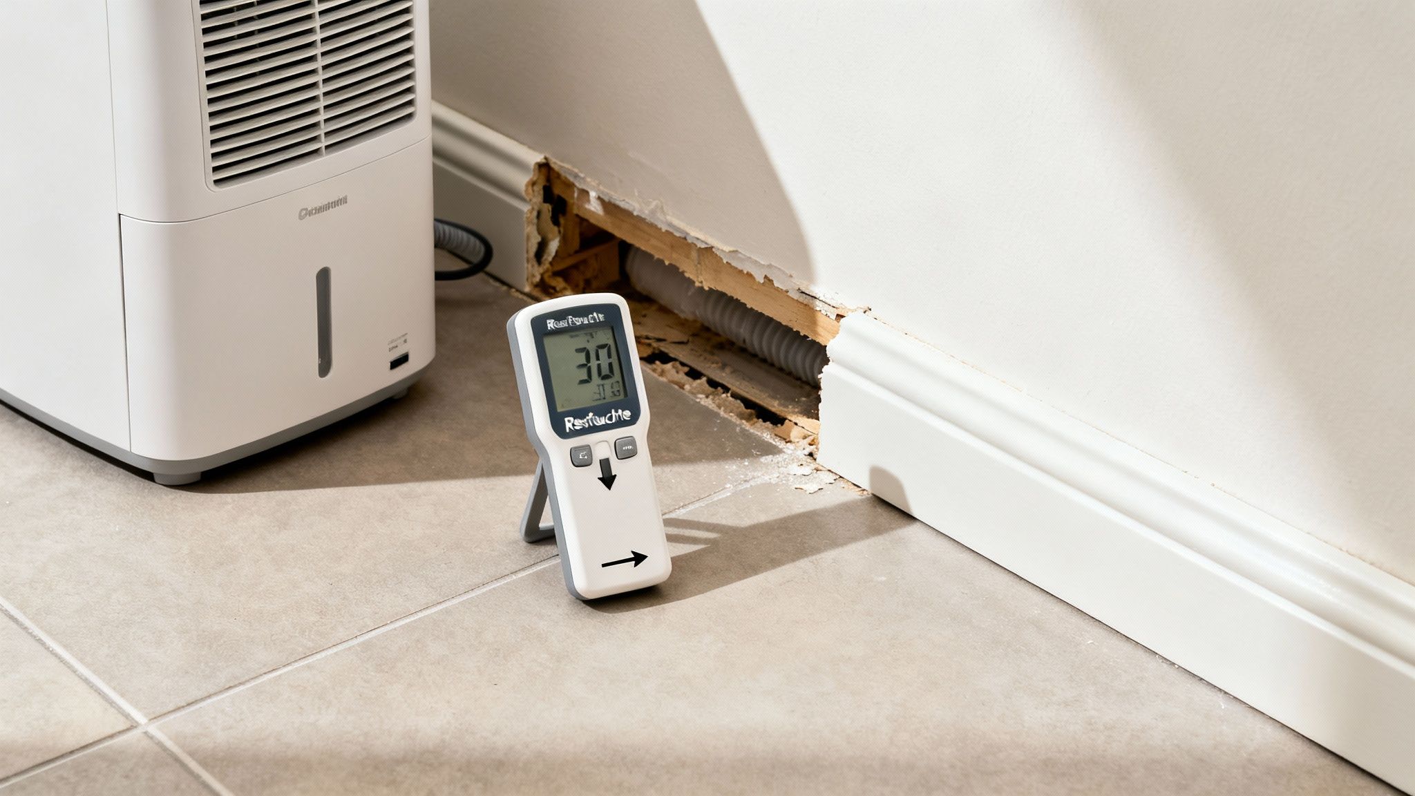 Ein Luftentfeuchter und ein Feuchtigkeitsmessgerät, das 30 Restfeuchte anzeigt, vor einer beschädigten Wand mit freiliegenden Rohren auf Fliesenboden.