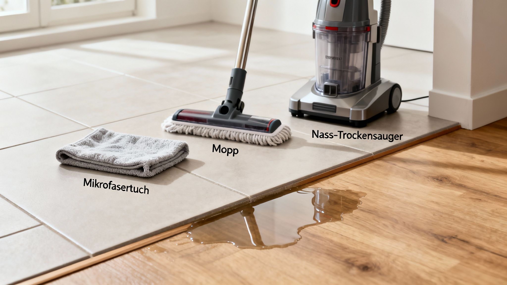 Reinigungswerkzeuge: Ein Mikrofasertuch, Mopp und Nass-Trockensauger liegen auf Fliesen neben einer Wasserpfütze auf Holzboden.