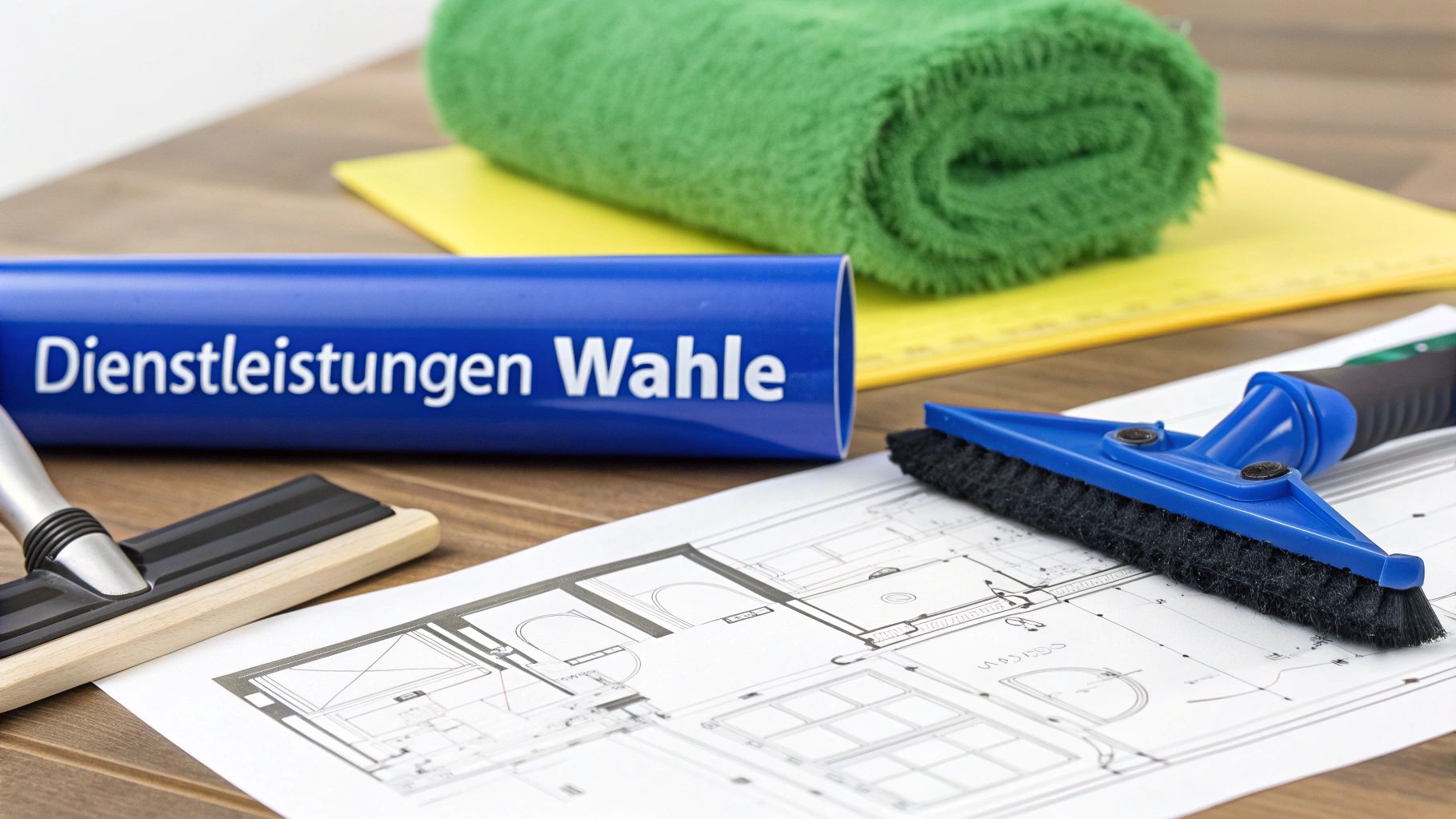 Ein fokussierter Reinigungsprofi bei der Arbeit an einer grossen Glasfassade eines Bürogebäudes, der Spezialwerkzeug verwendet, um streifenfreie Sauberkeit zu gewährleisten.