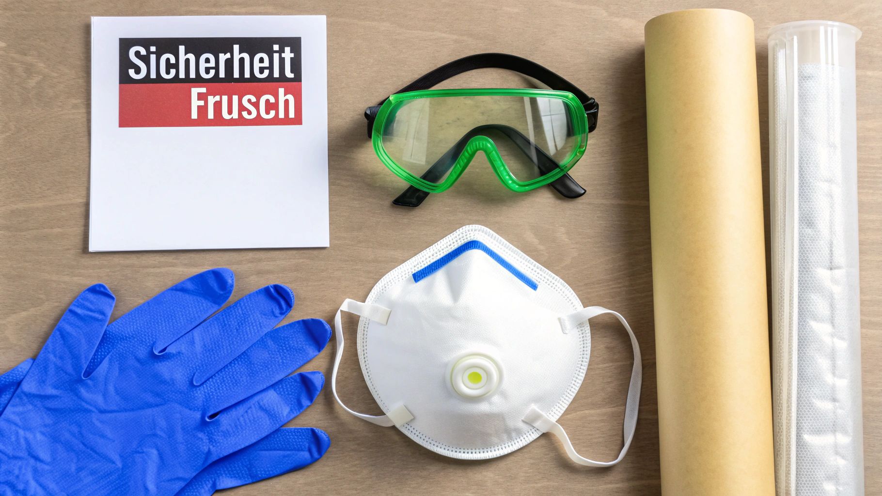 Eine Person in kompletter Schutzausrüstung, einschliesslich Maske und Handschuhen, bereitet sich darauf vor, Schimmel von einer Wand zu entfernen.