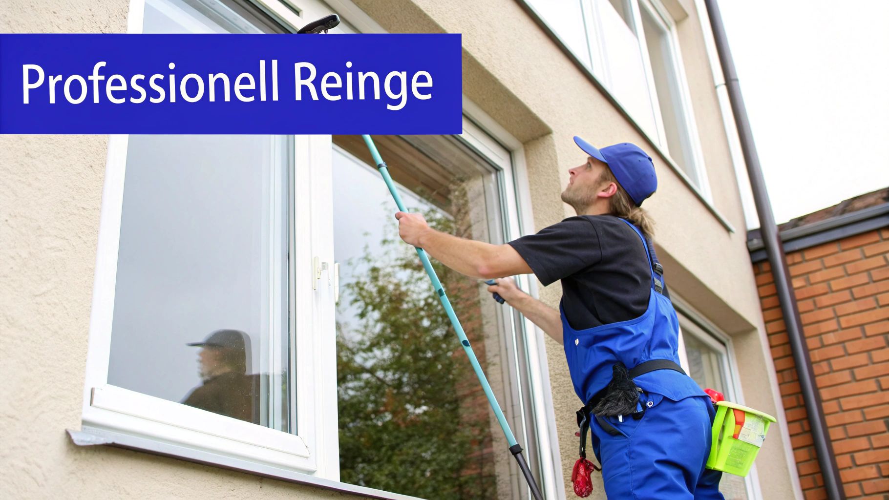 Ein professioneller Fensterreiniger bei der Arbeit an einem modernen Gebäude, der die Bedeutung von Fachwissen und Ausrüstung für ein perfektes Ergebnis hervorhebt.