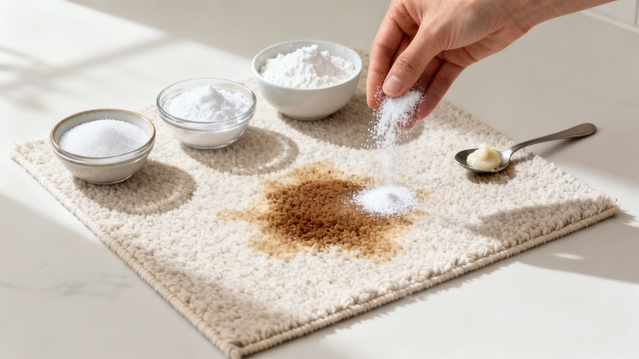 Eine Hand streut Reinigungspulver auf einen Kaffeefleck auf einem beigen Teppich, um ihn zu entfernen.