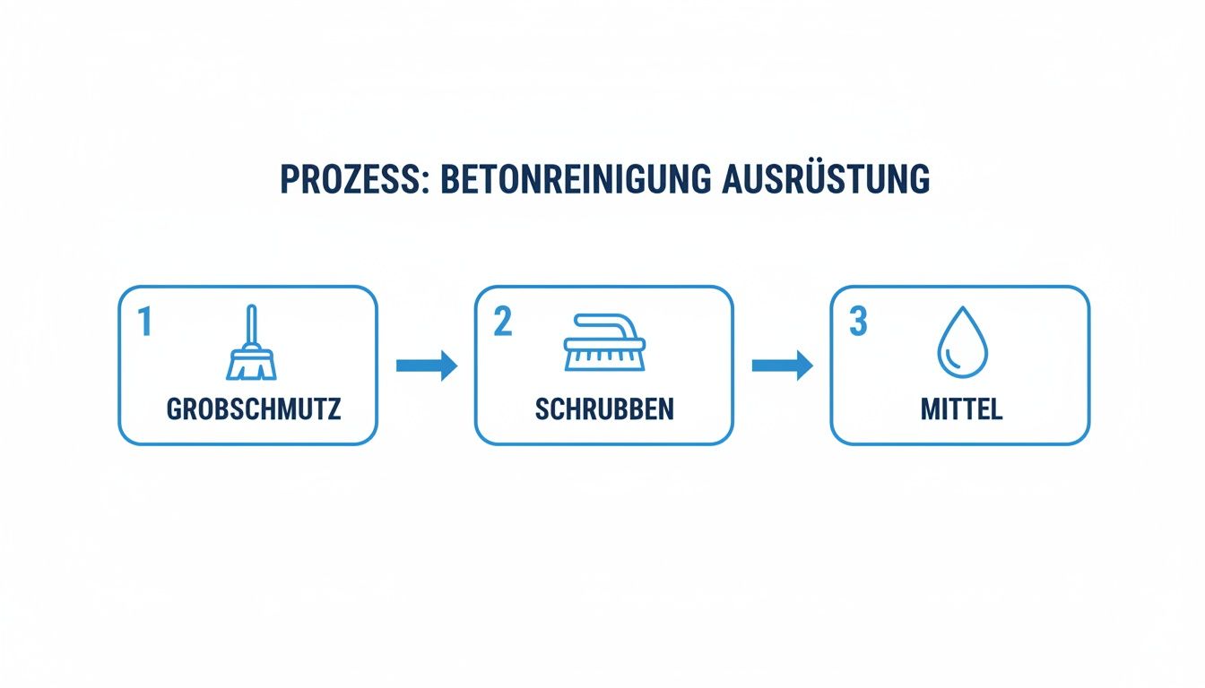 Grafik zur Betonreinigung mit drei Schritten: Grobschmutz entfernen, Schrubben und Reinigungsmittel auftragen.