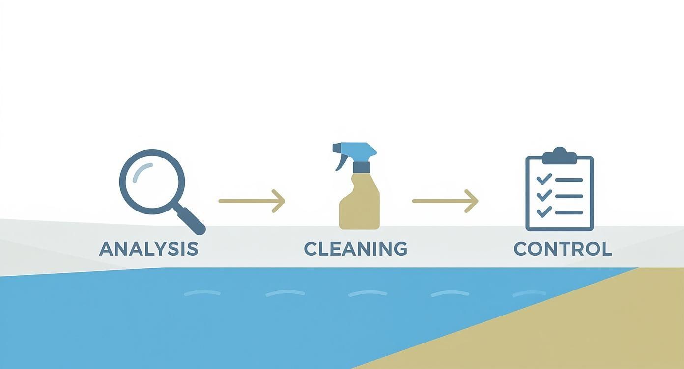 Flussdiagramm mit den Schritten Analyse (Lupe), Reinigung (Sprühflasche) und Kontrolle (Checkliste) über Wasser.