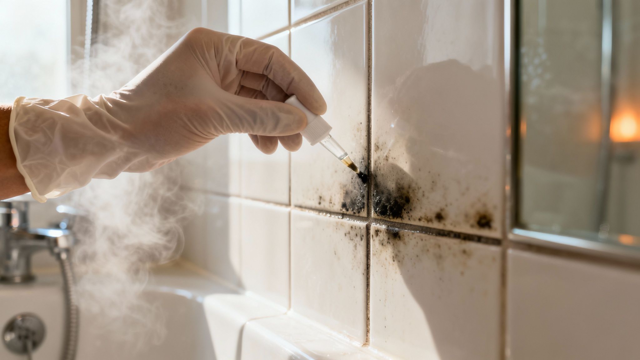 Eine behandschuhte Hand trägt Flüssigkeit mit einer Pipette auf schwarzen Schimmel an Badezimmerfliesen auf.