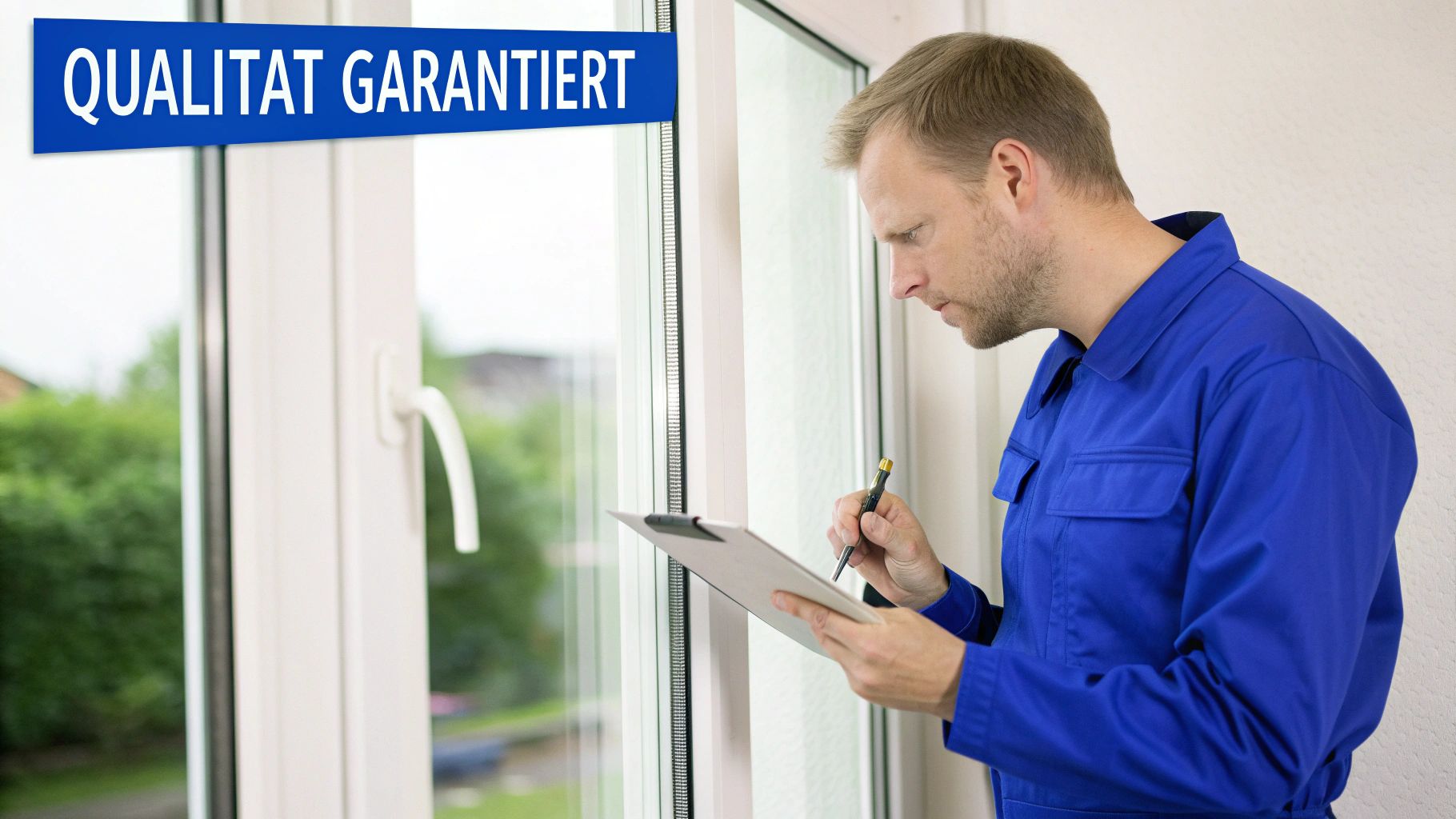 Ein Mann in blauer Arbeitskleidung überprüft ein Fenster und macht Notizen auf einem Klemmbrett, mit dem Banner 'QUALITÄT GARANTIERT'.