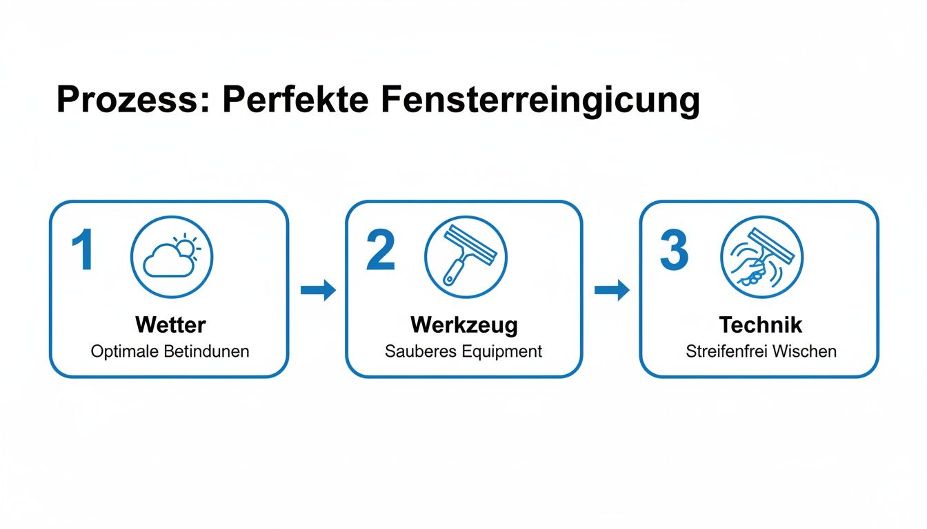 Ein Diagramm, das den dreistufigen Prozess der Fensterreinigung erklärt: Wetter, Werkzeug und Technik für streifenfreie Ergebnisse.