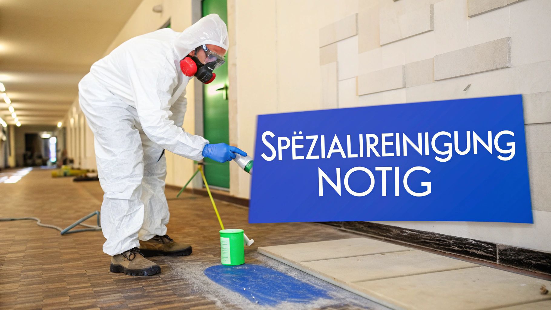 Professioneller Reinigungstechniker in Schutzanzug führt Spezialreinigung mit Atemschutzmaske und Sprühgerät durch