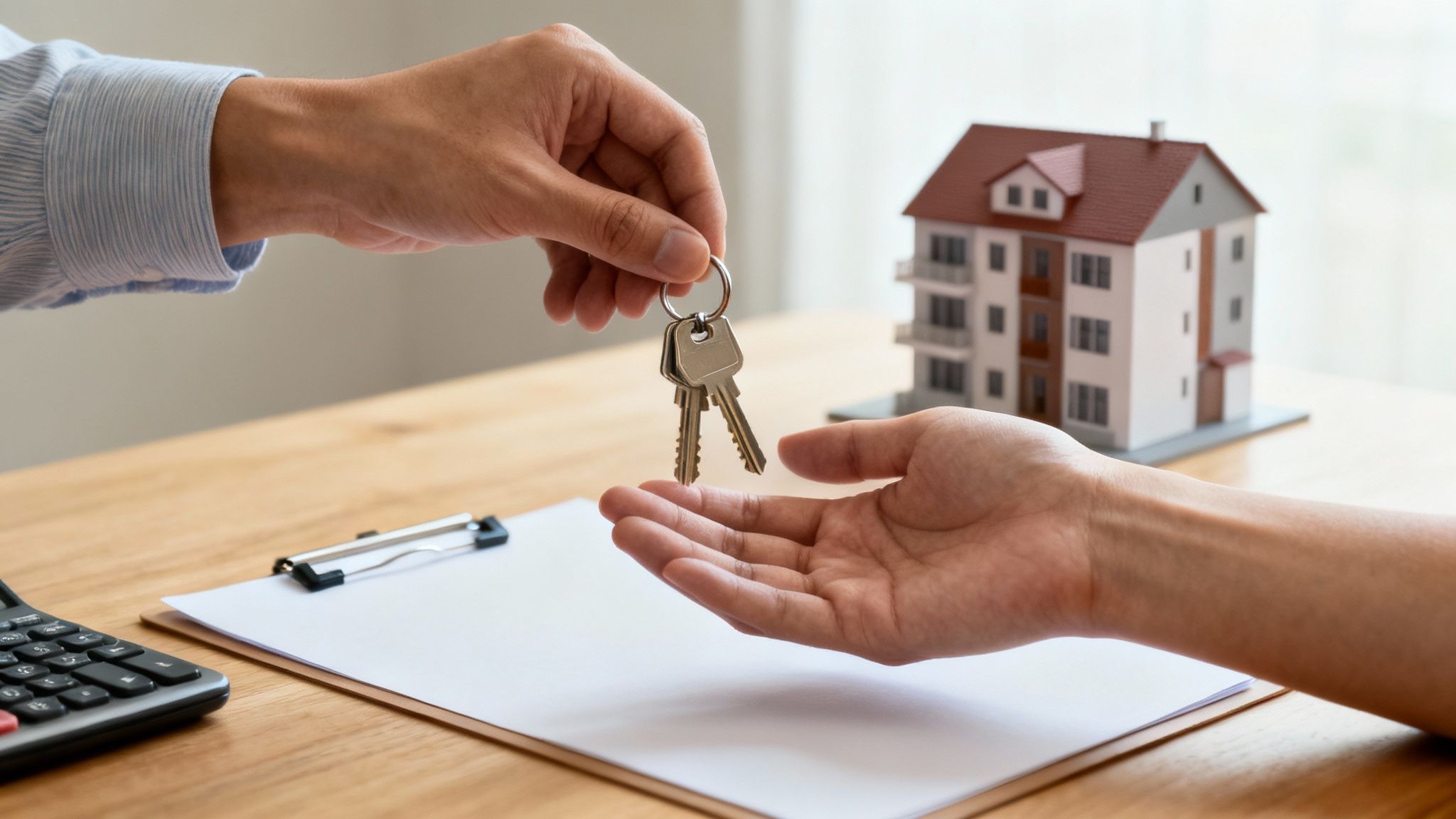 Eine Hand übergibt Schlüssel an eine andere Hand, mit einem Hausmodell und Dokumenten auf einem Holztisch. Symbolisiert Eigentumsübergabe.