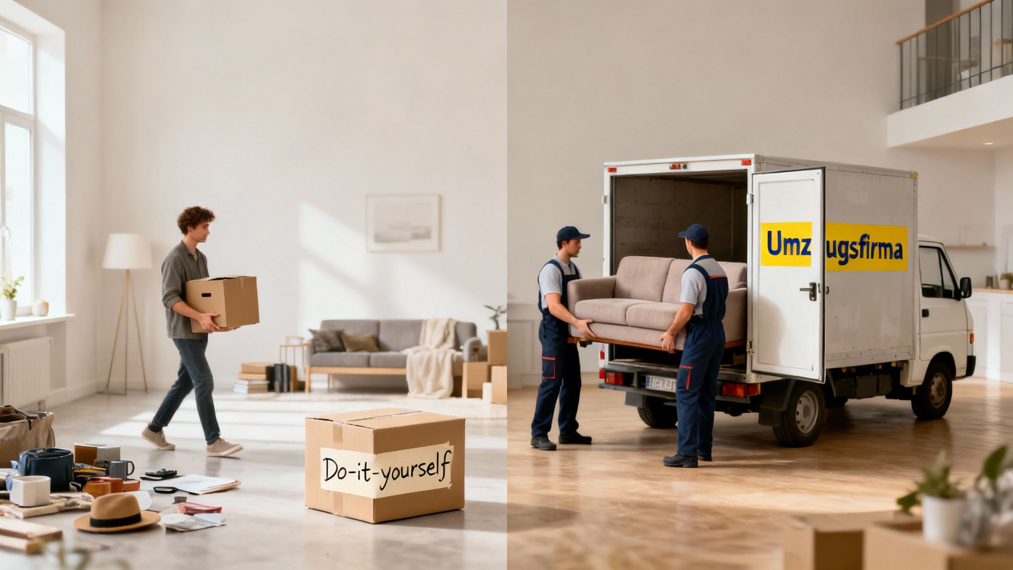 Ein Mann trägt einen Karton, während professionelle Umzugshelfer ein Sofa in einen Lastwagen laden.